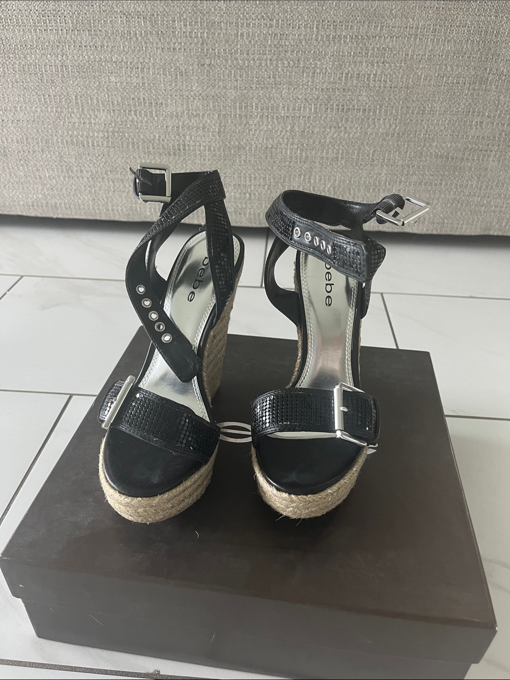 bebe Black Textured Espadrille Wedge Sandals with Buckle Straps - Picture 1 of 6